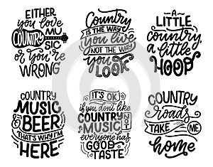 Set with Country Music lettering quotes for festival live event poster Concept. Textured Illustration. Funny slogans for cowboy