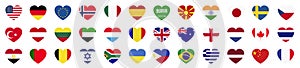 Set country national flag in heart form. Collection flags of different countries icon - vector