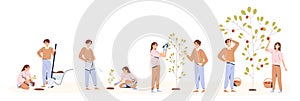 Set of couple planting and caring of tree stages vector flat illustration. Man and woman seedling, cultivation and
