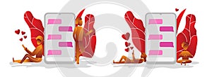 Set couple relationship in love chatting , in story , gradient vector leaf ,mobil handphone