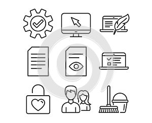 Couple, View document and Service icons. Web lectures, Document and Copyright laptop signs. photo