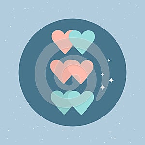 Set of couples colorful hearts red and blue colors. Romantic pictogram in circle. Story highlights circle icons. Trendy cute