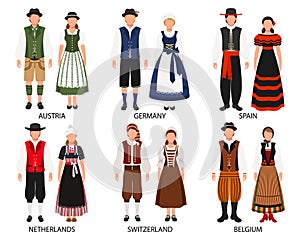 A set of couples in folk costumes of European countries. Austria, Germany, Spain, the Netherlands, Belgium, Switzerland.