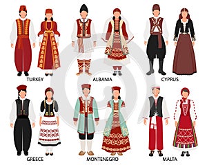 A set of couples in folk costumes of European countries. TÃ¼rkiye, Albania, Montenegro, Greece, Cyprus, Malta. Culture photo