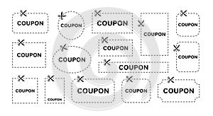 Set of Coupon. Scissors cut template and dashed line. Gift Coupon element template, graphics design. Voucher promo code. Sale,