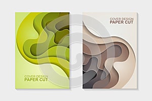 Set of cover design abstract with green and brown paper cut shapes. Cover design with abstract background.