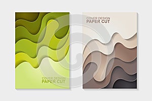 Set of cover design abstract with green and brown paper cut shapes. Cover design with abstract background.