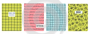 Set of cover page templates based on grid seamless patterns, spiral lines, flower pattern. Headers isolated