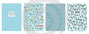 Set of cover page templates based on grid seamless patterns, spiral lines, flower pattern. Headers isolated