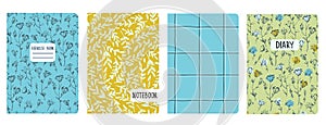 Set of cover page templates based on grid seamless patterns, spiral lines, flower pattern. Headers isolated