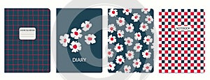 Set of cover page templates based on grid seamless patterns, spiral lines, flower pattern. Headers isolated