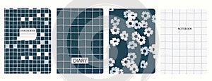 Set of cover page templates based on grid seamless patterns, spiral lines, flower pattern. Headers isolated