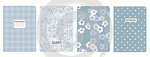 Set of cover page templates based on grid seamless patterns, spiral lines, flower pattern. Headers isolated