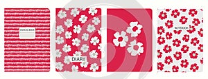 Set of cover page templates based on grid seamless patterns, spiral lines, flower pattern. Headers isolated