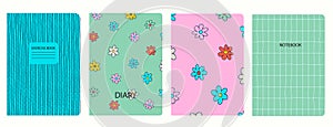 Set of cover page templates based on grid seamless patterns, spiral lines, flower pattern. Headers isolated