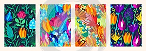 Set of cover templates with beautiful bright flowers. Colorful artistic backgrounds with floral decorations