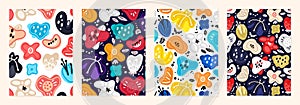 Set of cover templates with bright simple flowers. Colorful artistic backgrounds with abstract floral decorations