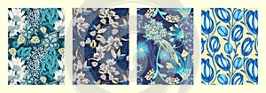 Set of cover templates with creative sloppy flowers. Blue and yellow artistic backgrounds with floral decorations