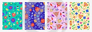 Set of cover templates with hand drawn simple flowers. Colorful artistic backgrounds with floral decorations. Spring