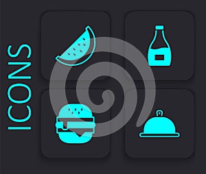 Set Covered with tray of food, Watermelon, Sauce bottle and Burger icon. Black square button. Vector