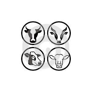 Cow head stylized symbol, cow portrait. Silhouette of farm animal, cattle. Emblem, logo or label for design. Vector illustration.