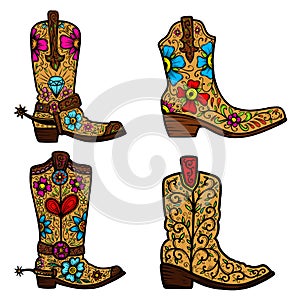 Set of Cowboy boot with floral pattern.  element for poster, t shirt, emblem, sign