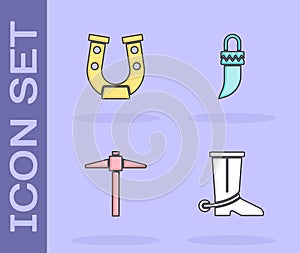 Set Cowboy boot, Horseshoe, Pickaxe and Tooth icon. Vector