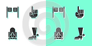 Set Cowboy boot, Saloon door, Rocket launch from the spaceport and Number 1 one fan hand glove icon. Vector