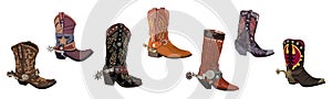 Set of Cowboy boots with spurs vector isolated.