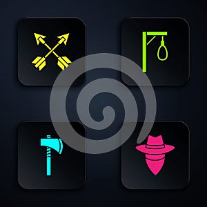 Set Cowboy, Crossed arrows, Tomahawk axe and Gallows. Black square button. Vector