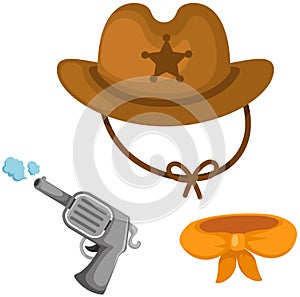 Set of cowboy hat, gun and scarf