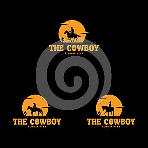 Set of Cowboy Riding Horse Silhouette at Night Logo