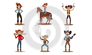 Set of cowboys and cowgirls in different poses. Vector illustration in flat cartoon style.