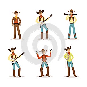 Set of Cowboys in Traditional Clothes, American Western Characters Cartoon Vector Illustration