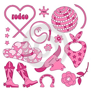 Set of cowgirl stuff in the wild west. Pink famale cowboy accessories and attributes - disco ball, boots, hat. Bright