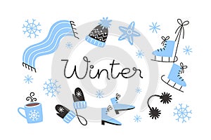 Set of cozy elements on the theme of winter activities