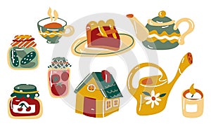 A set of cozy, homely, autumn things. Herbal tea, cherry pie, watering can, jam, house, kettle, candle. The idea of