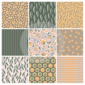 Set of cozy seamless patterns with persimmons.