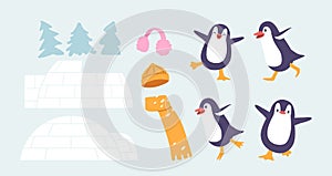 Set of Cozy Warm Clothes, Hat, Scarf and Earmuffs, Cute Penguins Characters, Spruces and Igloo or Ice House and Building