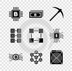 Set CPU mining farm, Cryptocurrency bitcoin, Pickaxe, circuit, Blockchain technology and ASIC Miner icon. Vector