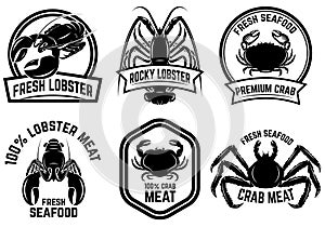 Set of crab meat, lobster meat label. Design element for logo, emblem, sign, poster, banner.