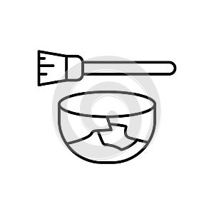 Set of cracked bowl and brush. Line art icon of Kintsugi. Black illustration of gold repaired pottery. Contour isolated vector