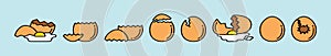 Set of cracked eggs cartoon icon design template with various models. vector illustration isolated on blue background