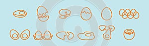 Set of cracked eggs cartoon icon design template with various models. vector illustration isolated on blue background