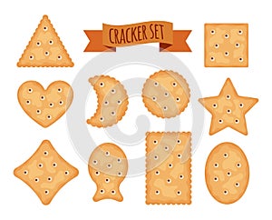 Set of cracker chips different shapes isolated on white background. Biscuit cookies for breakfast, tasty snack, yummy