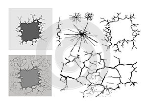 Set of cracks for disaster design. Different types isolated cracks textures: break of earth, cracks in the wall, glass