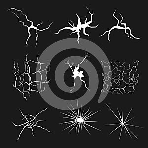 Set of cracks for disaster design. Different types isolated textures break earth, in the wall, glass clefts.