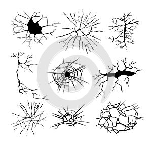 Set of Cracks Isolated on White Background. Break and Destroy Elements on Wall, Glass, Mirror or Ground Surface