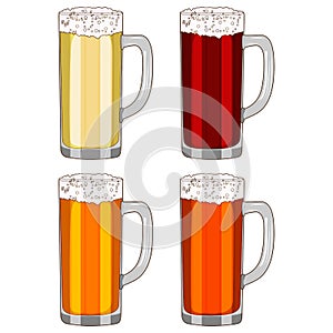 Set with craft beer in mug glasses for banners, flyers, posters, cards. Light and dark beer, ale, and lager