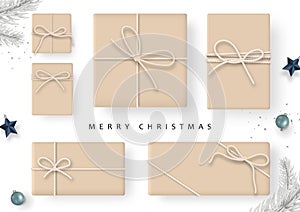Set of craft gift box tied with rope. Christmas composition. Minimal style. photo